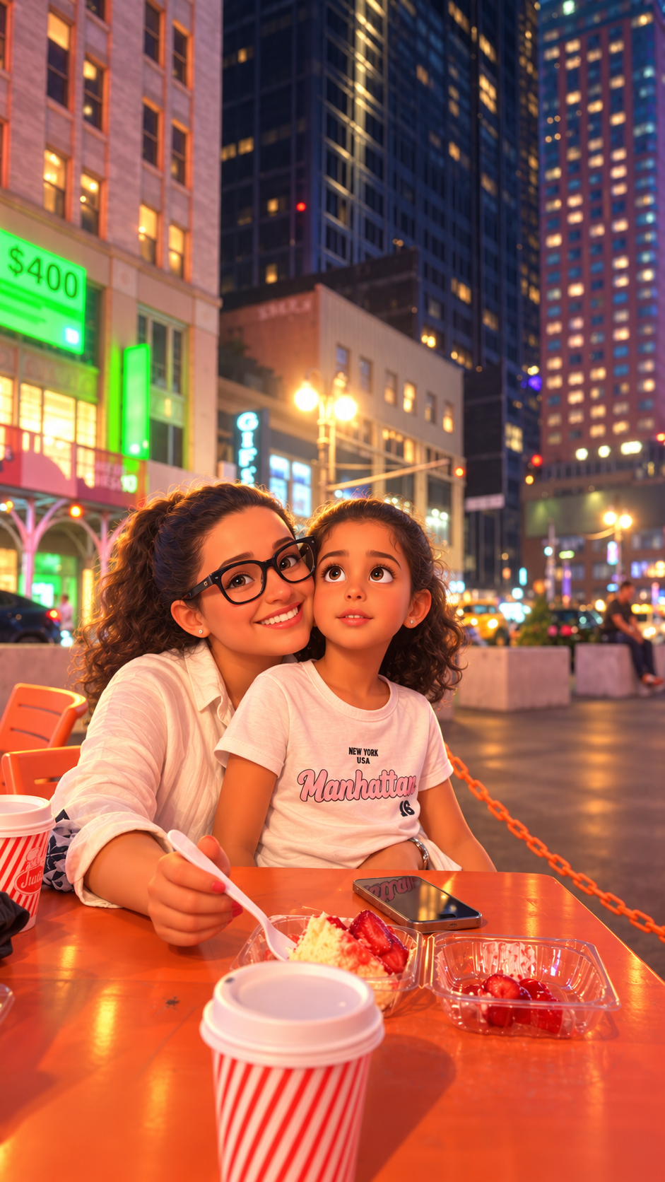 Dana and her mother together in a colourful city scene